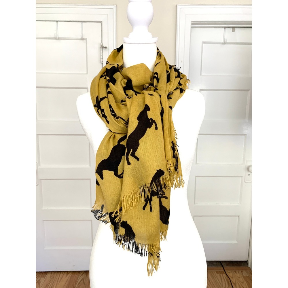 Western Horse Print Scarf 36 x 74 Frayed Edge Equestrian Mustard Yellow Black - Picture 7 of 8